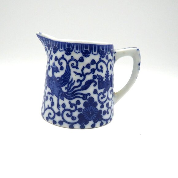Vintage Japanese Blue White 2.5" Ceramic Creamer Pitcher Phoenix Design - Picture 1 of 7
